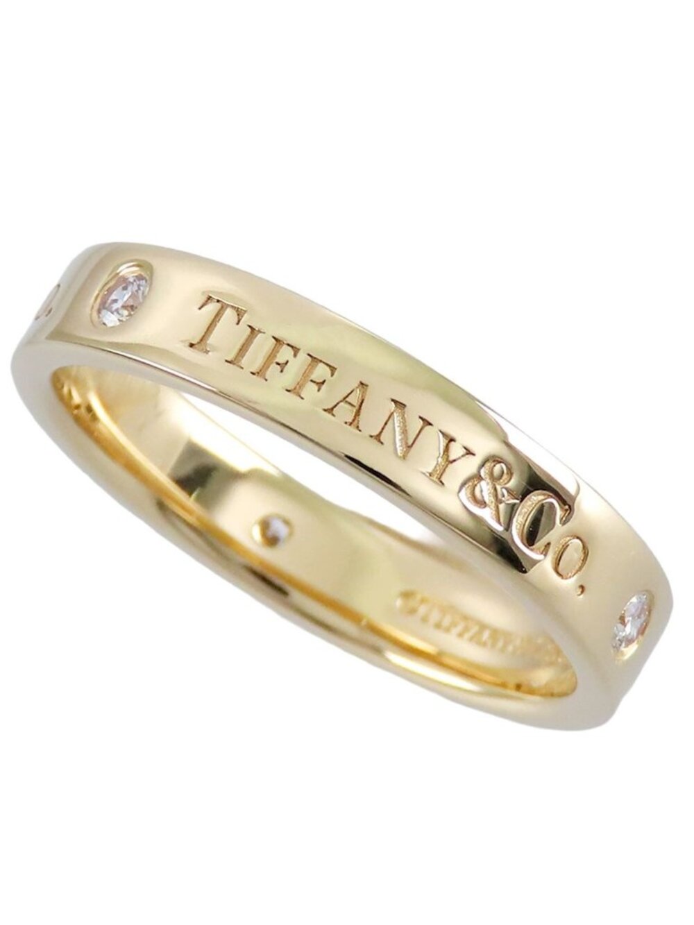 Tiffany & Co Band Ring Yellow Gold 18K Diamond Flat Logo